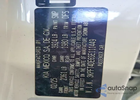 2025 Kia K4 Lx из США, поврежденный, VIN 3KPFT4DE6SE111449